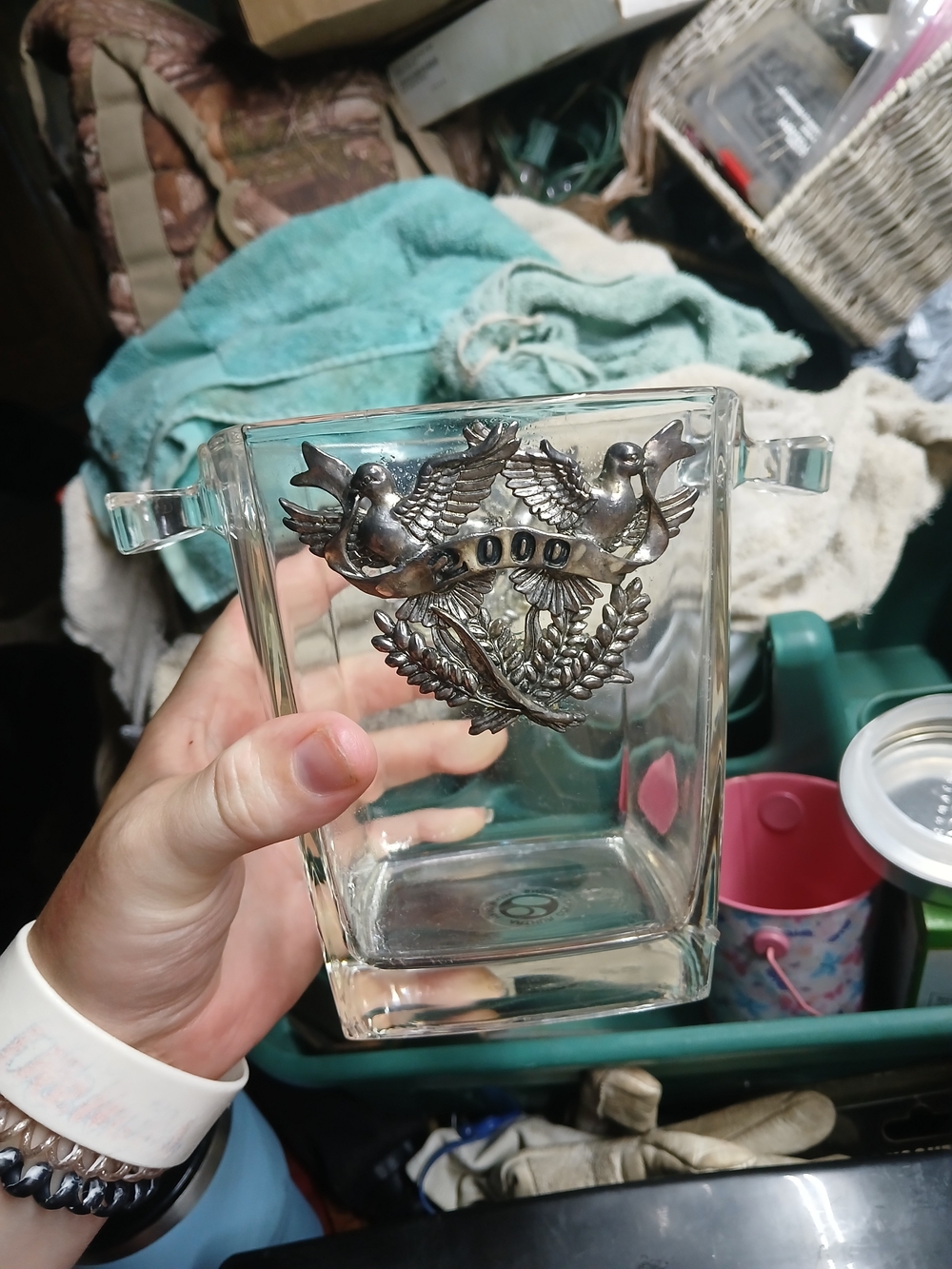 Arthur Court Clear Glass Ice Bucket with Dove and Laurel Emblem
